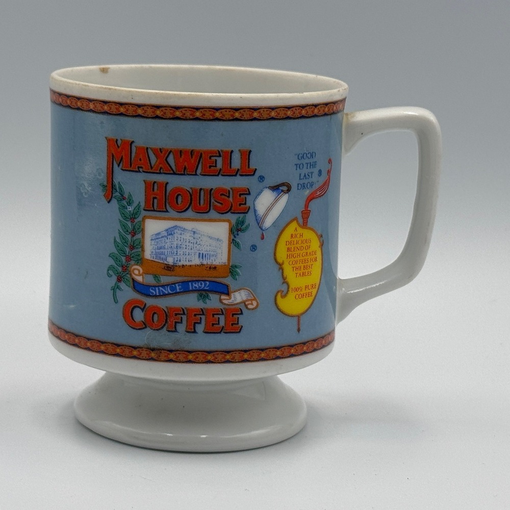 Vintage Maxwell House Coffee Footed Mug Good to the‎ Last Drop Pedestal Blue Cup